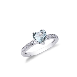 Bague pour femme en or blanc 18k avec aigue-marine cœur et diamants