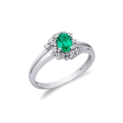 Halo ring white gold 18k with a central emerald and diamonds 
