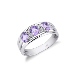 Triple band ring in white gold 18k with amethysts and diamonds 