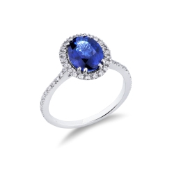 Bague en or blanc avec saphir bleu ovale et diamants