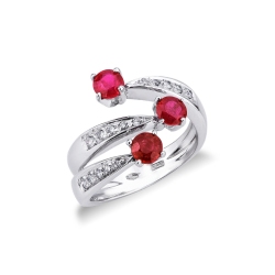 Trilogy type ring white gold 18k with three rubies and diamonds