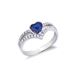 18k white gold ring with a blue sapphire heart cut and diamonds 