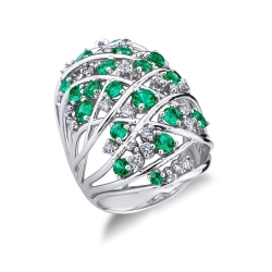 18k white gold band braided wire ring with emeralds and diamonds 