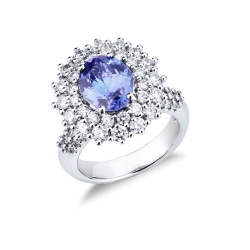 Tanzanite double diamond halo ring in 18kt white gold
