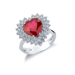 Diamond double halo ring with a heart cut ruby white gold 18k
