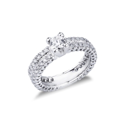 Bague de fiançailles solitaire en or blanc 750 avec pavage de diamants