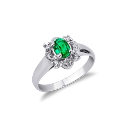 Halo ring white gold 18k with a central emerald and diamonds 