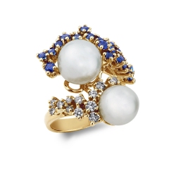 18k yellow gold ring with pearls, blue sapphires and diamonds 