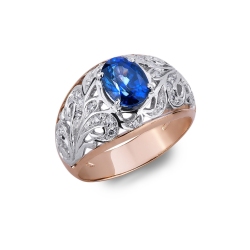Anillo de banda de oro blanco y rosa de 18k con zafiro azul y diamantes
