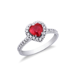 Halo ring with a ruby heart cut and diamonds shoulder set white gold 18k