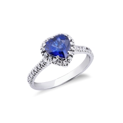 Halo ring with blue sapphire heart cut and diamonds white gold 18k