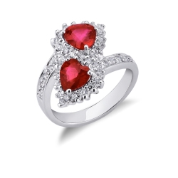 White gold 18k curved shank ring with diamonds and rubies heart cut 