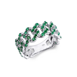 18k white gold cuban link ring with emeralds 