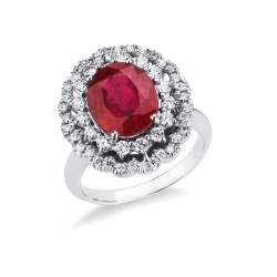 Double diamond halo ring with central ruby in white gold 18k