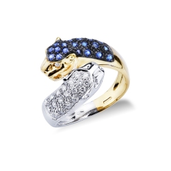 White and yellow gold 18k ring with panther of diamonds and blue sapphires 