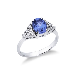 White gold 18k ring with tanzanite and six diamonds