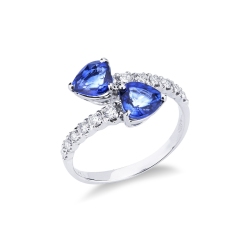 Bague Toi et Moi en or 18k et 2 saphirs bleus à coeur