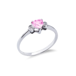 Anillo de oro blanco de 18k con zafiro rosa en forma de corazón y diamantes