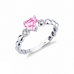 White gold 18k ring with a pink sapphire heart cut and diamonds 
