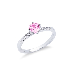 White gold 18k ring with pink sapphire heart cut and diamonds shoulder set 