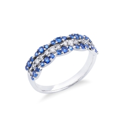 18k white gold with three rows of diamonds and blue sapphires 