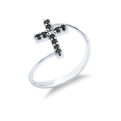Bague en or blanc 18k avec une croix en diamants noirs