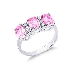 Bague Or Blanc 18k avec trois saphirs roses et six diamants