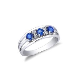 18k white gold ring with three blue sapphires and diamonds 