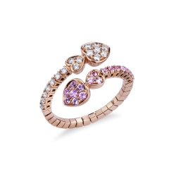 Rose gold 18k spring hearts ring with diamonds and pink sapphires 