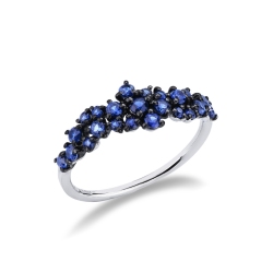 Bague Florale Or Blanc 18k avec Saphirs Bleus