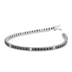 Bracelet tennis à griffes en or blanc 18k serti de diamants noirs et de diamants