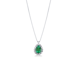 Necklace with pendant, pear cut emerald and diamonds