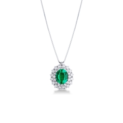 Necklace with pendant, oval emerald and 2 rows of diamonds