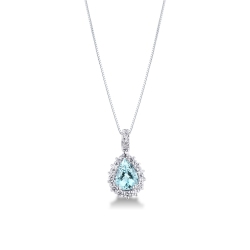Necklace with pendant, pear cut aquamarine and diamonds