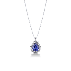 Necklace with pendant, central pear cut blue sapphire and diamonds
