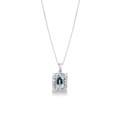 Necklace with pendant, emerald cut aquamarine an a row of diamonds