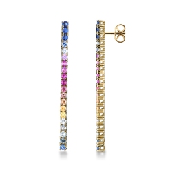 Boucles d'oreilles tennis en or jaune 18 carats avec saphirs multicolores