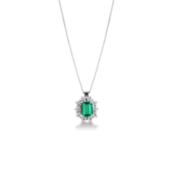 Necklace with emerald and diamonds halo pendant 