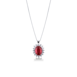 Necklace with central ruby and round cut diamonds