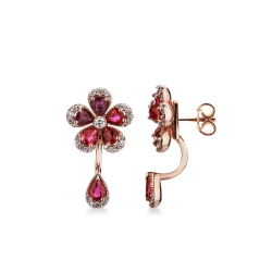 18k white gold drop flower earrings with rubies and diamonds
