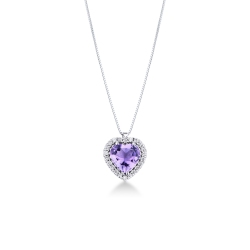 Weißgoldkette mit Herzanhänger aus Amethyst und Diamanten 