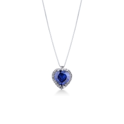 Collier en or blanc 18k avec cœur en diamants et saphir bleu