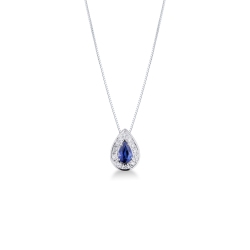 Necklace with pendant, diamonds and a pear cut blue sapphire