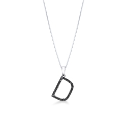 Pendentif lettre D collier femme or blanc et diamants noir