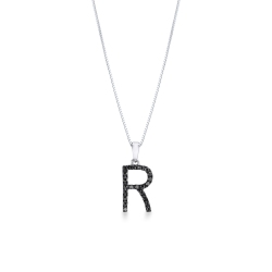 18k white gold letter R with black diamonds