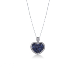 Colgante Corazón Pavé Zafiros Azules y Diamantes Oro Blanco 18k