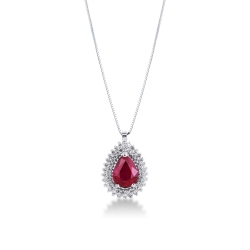 Necklace with pendant, central pear cut ruby and 2 rows of diamonds