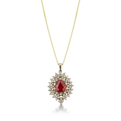 Necklace with pendant, central pear cut ruby and a fancy crown of diamonds