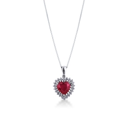 Necklace with pendant in white gold 18k heart cut ruby and diamonds