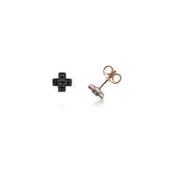 18k rose gold stud earrings with small black diamonds cross